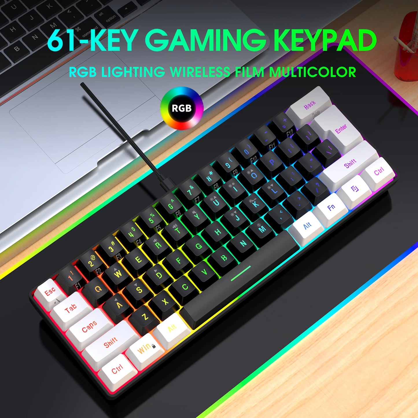 HXSJ-60% RGB Backlit Gaming Keyboard and Mouse Set 61-Key wired Keyboard 3-mode optical gaming wireless mouse for laptop PC