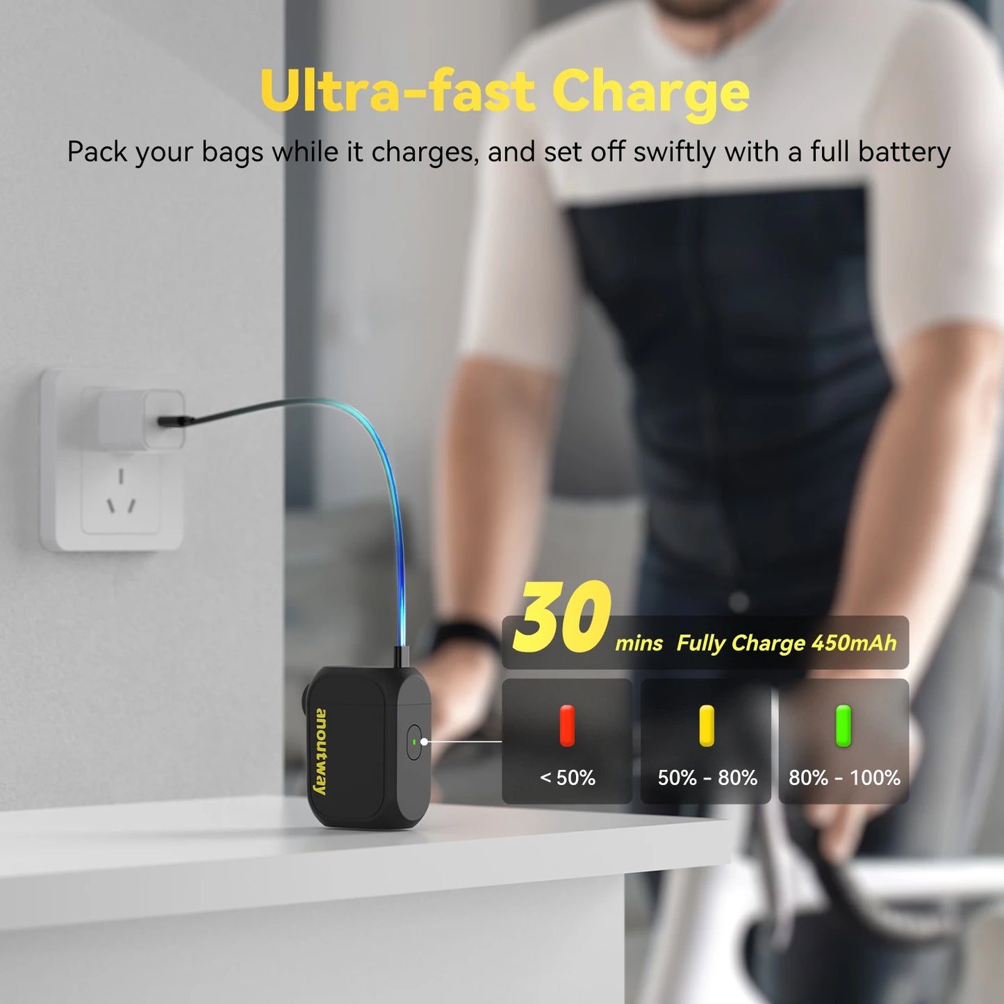 Anoutway AT1 Electric Mini Bicycle Pump for Bike Tire Air Inflator 120 PSI Max 450mAh 7.4V Battery 25Mins Fast Charging