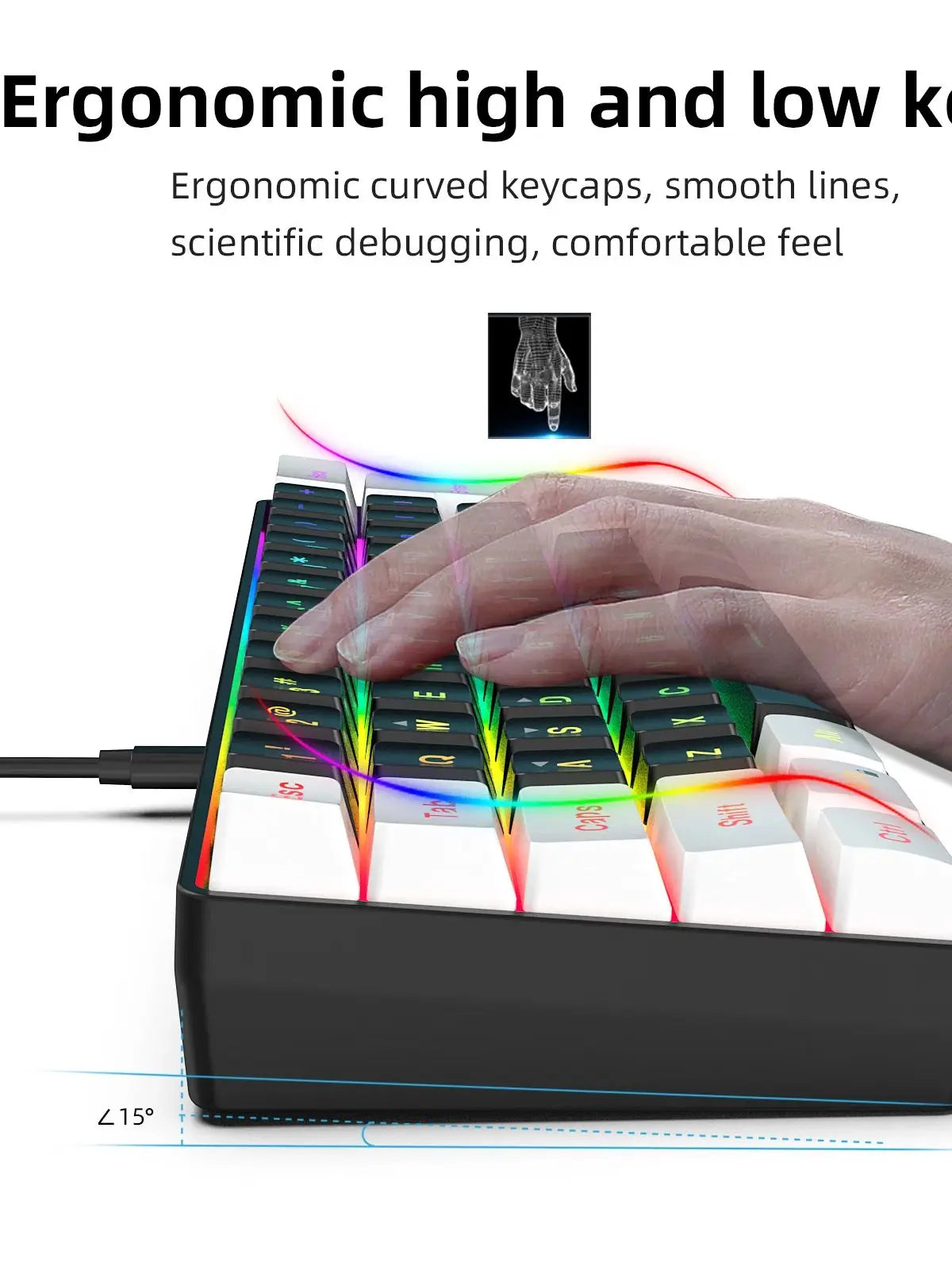 HXSJ-60% RGB Backlit Gaming Keyboard and Mouse Set 61-Key wired Keyboard 3-mode optical gaming wireless mouse for laptop PC