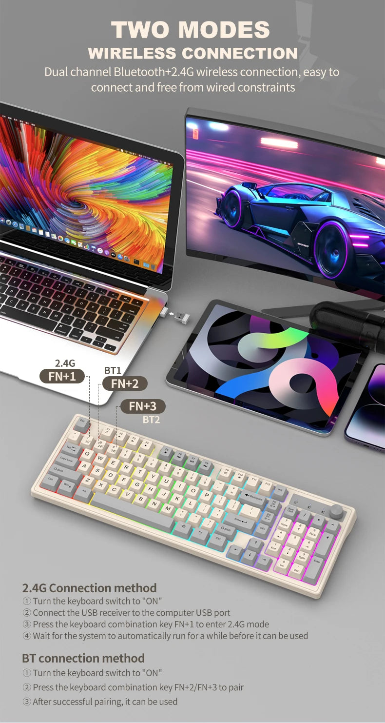 Dual Bluetooth Keyboard Dual-Mode BT/2.4G Wireless Keyboard RGB Backlit Rechargeable Keyboard Gaming Keyboard For Laptop Tablet