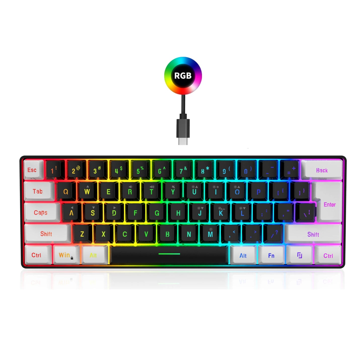 HXSJ-60% RGB Backlit Gaming Keyboard and Mouse Set 61-Key wired Keyboard 3-mode optical gaming wireless mouse for laptop PC