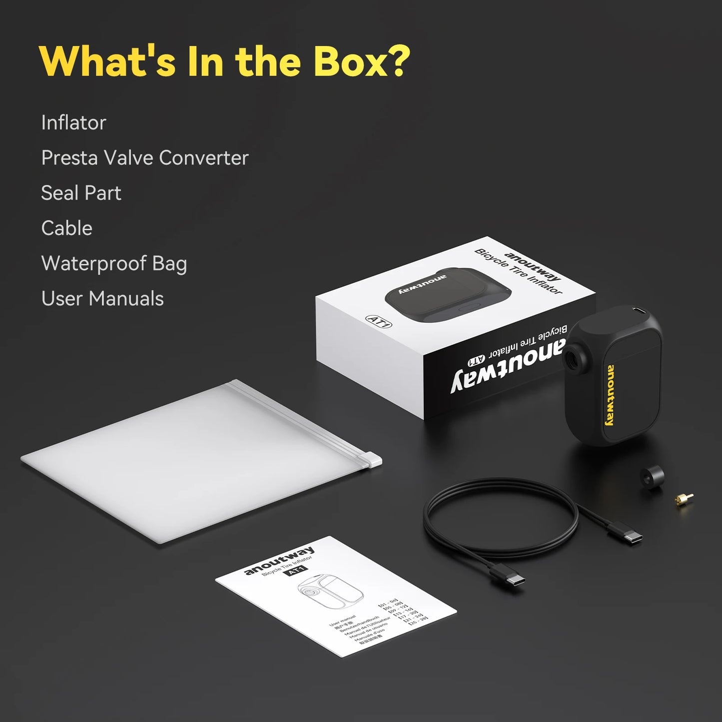 Anoutway AT1 Electric Mini Bicycle Pump for Bike Tire Air Inflator 120 PSI Max 450mAh 7.4V Battery 25Mins Fast Charging