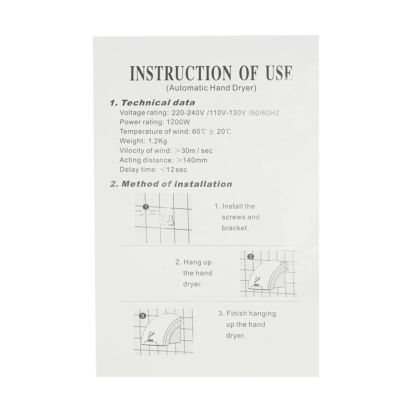 Automatic Infrared Sensor Hand Dryer 1200W High-Speed Dual-Temp ABS Commercial Bathroom Dryer with Safety Protections
