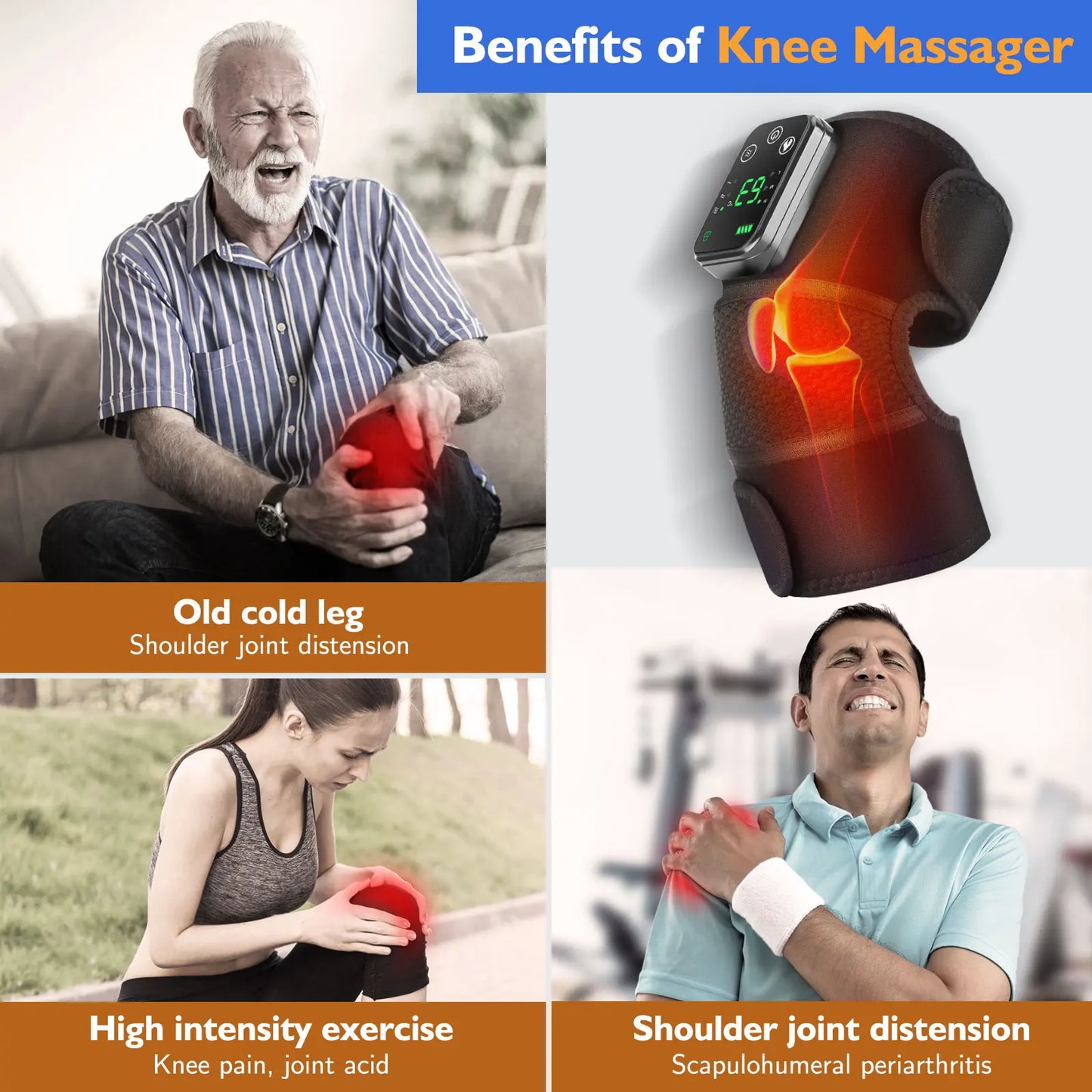 Rechargeable Knee Massager 3 Gear Vibration Massage Adjustable Shoulder Brace Electric Heating Pads Leg Knee Warmer