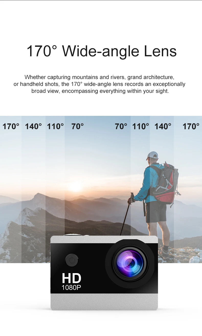 Action Camera 1080P/30FPS 2.0 In IPS Screen 170° Underwater Waterproof Helmet Video Recording Sports Cameras Outdoor Digital Cam
