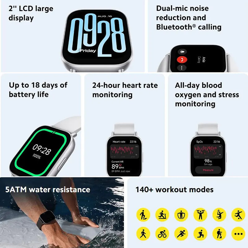 Xiaomi Redmi Watch 5 Active Smart Watch, Bluetooth Call, 2" LCD Display, All Day Heart Rate Blood Oxygen Monitoring Smartwatch