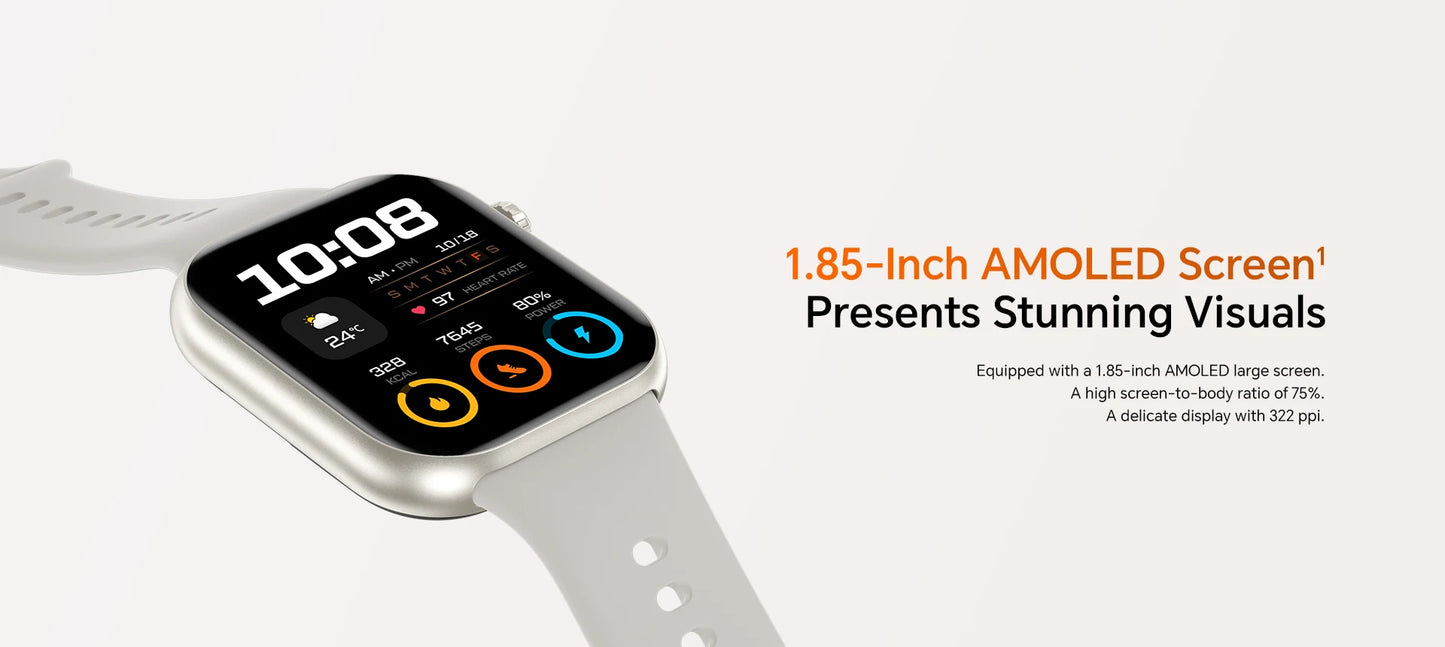 HONOR Choice Watch 2i, Smart Watch Bluetooth Calling, 1.85 Inch AMOLED, 14 Day Readiness, Spo2, 1ATM, IP68, White/Black