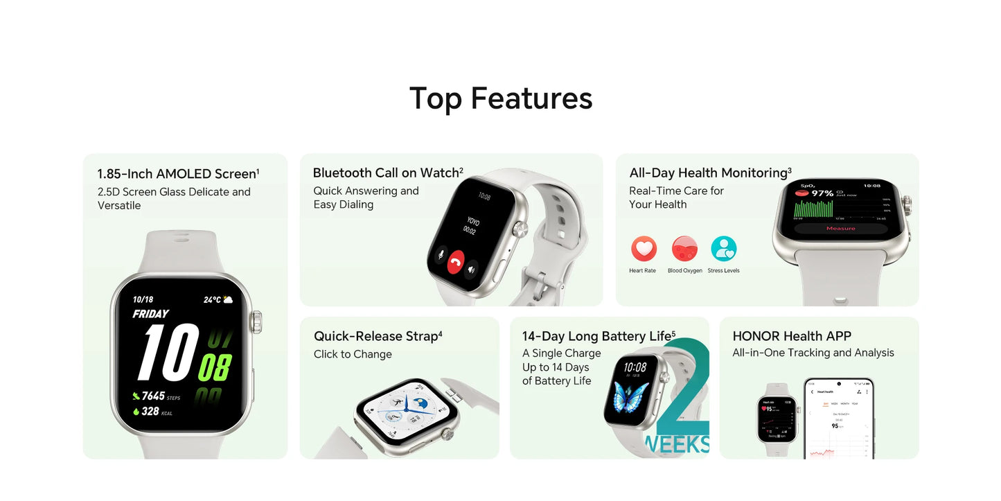 HONOR Choice Watch 2i, Smart Watch Bluetooth Calling, 1.85 Inch AMOLED, 14 Day Readiness, Spo2, 1ATM, IP68, White/Black