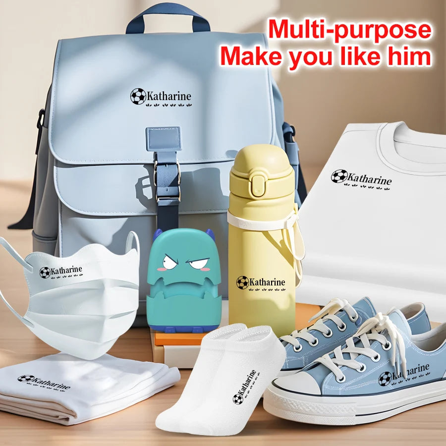 Custom Cartoon Baby Name Stamp Kit - Reusable for Cotton/Modal Clothes & School Bags, Non-Toxic Waterproof Ink Seal