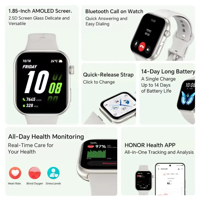 HONOR Choice Watch 2i, Smart Watch Bluetooth Calling, 1.85 Inch AMOLED, 14 Day Readiness, Spo2, 1ATM, IP68, White/Black