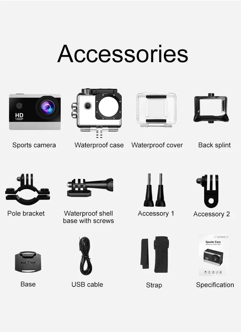 Action Camera 1080P/30FPS 2.0 In IPS Screen 170° Underwater Waterproof Helmet Video Recording Sports Cameras Outdoor Digital Cam