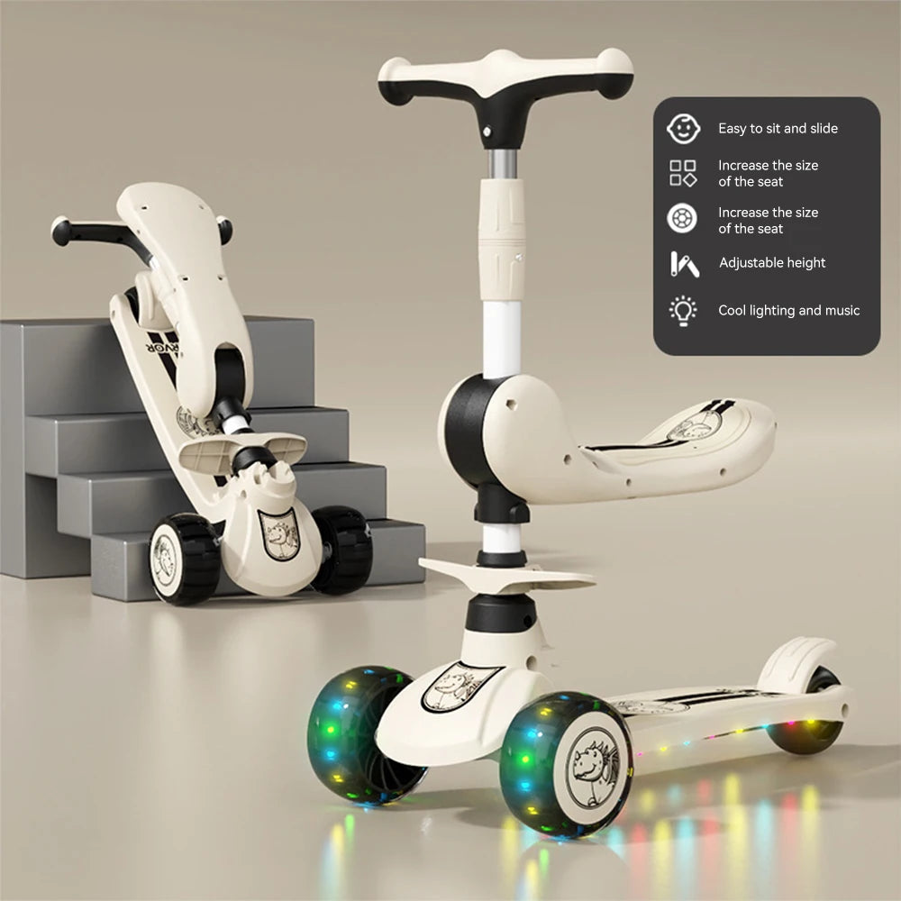 Children's Scooter Sit or Stand Ride with Flashing wheels Music Lights Foldable Seat for Boys and Girls Ages 3-10 Years Old