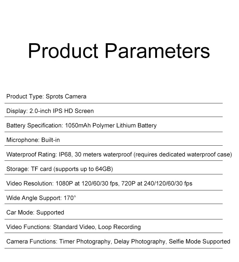 Action Camera 1080P/30FPS 2.0 In IPS Screen 170° Underwater Waterproof Helmet Video Recording Sports Cameras Outdoor Digital Cam
