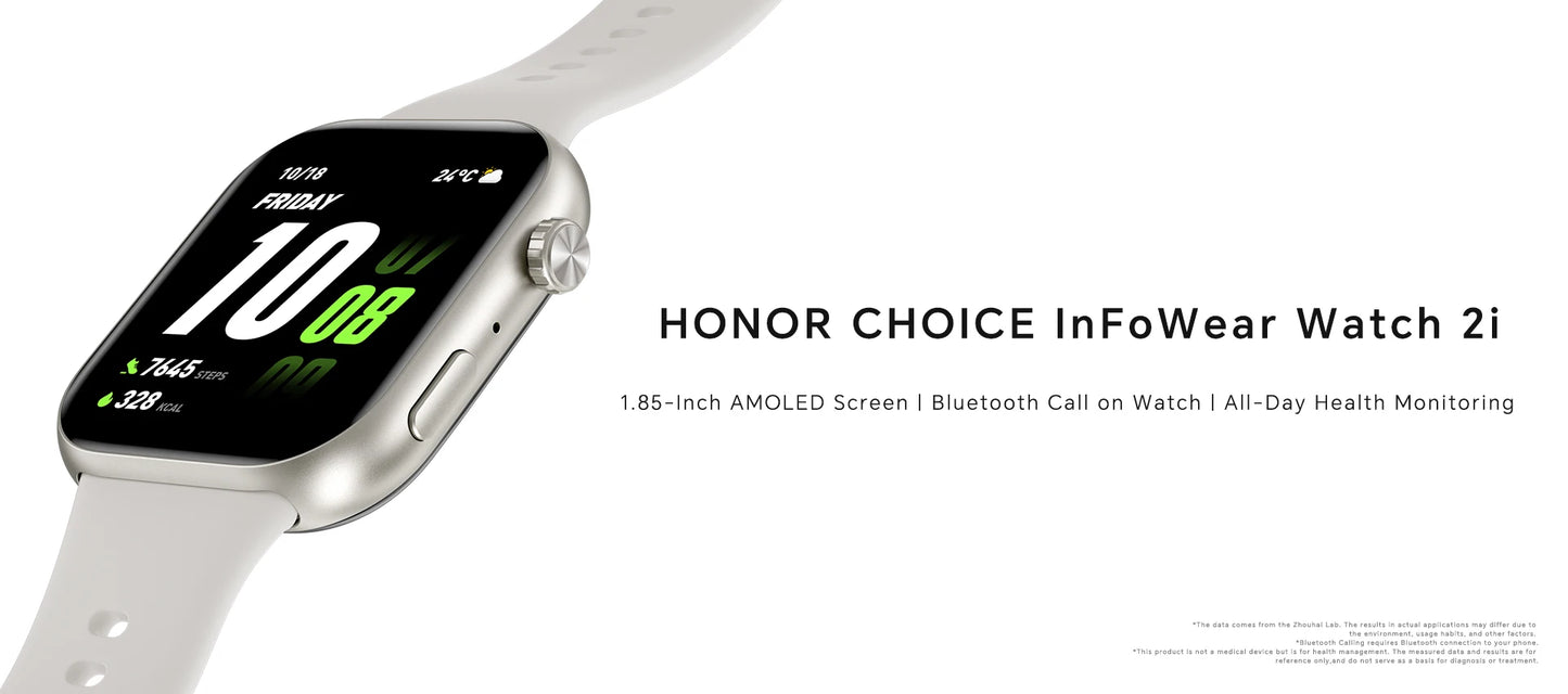 HONOR Choice Watch 2i, Smart Watch Bluetooth Calling, 1.85 Inch AMOLED, 14 Day Readiness, Spo2, 1ATM, IP68, White/Black