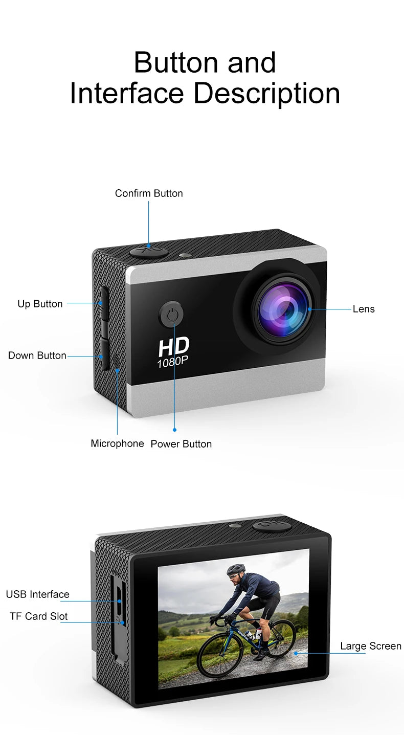 Action Camera 1080P/30FPS 2.0 In IPS Screen 170° Underwater Waterproof Helmet Video Recording Sports Cameras Outdoor Digital Cam